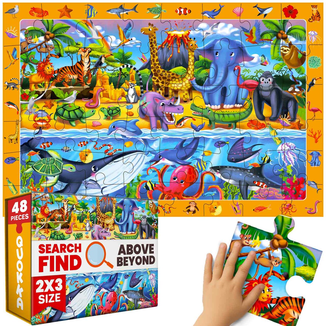 QUOKKA Floor Puzzles for Kids Ages 4-8 – 2x3 FT Jungle Splash Giant Search and Find Educational Jigsaw – 48 Large Pieces – Above and Beyond Observational Scene
